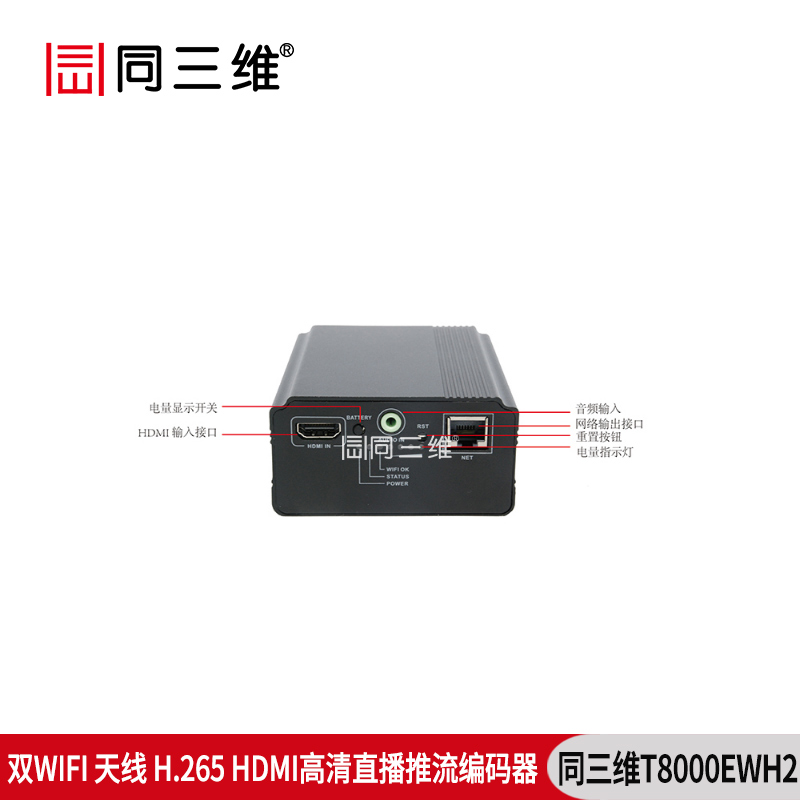 T8000EWH2双WIFI天线H.265高清直播推流HDMI编码器WIFI/有线网络传输接口介绍