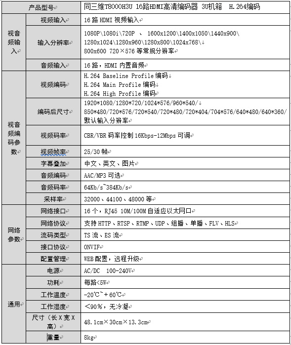 T8000H3U高清16路HDMI编码器3U机箱规格参数