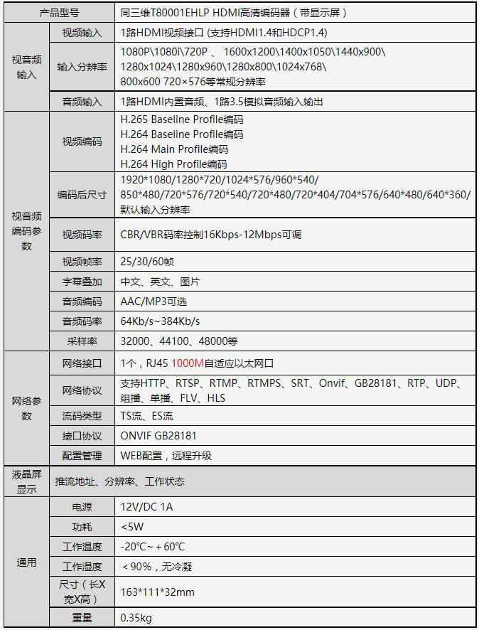 同三维T80001EHLP高清HDMI编码器（带显示屏）