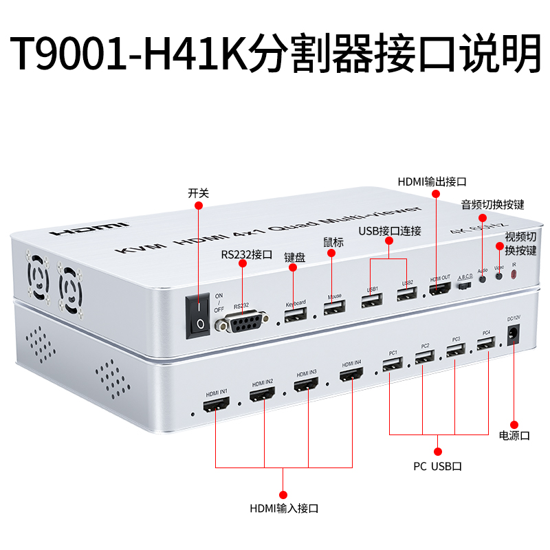 产品介绍   同三维T90001-H41K  4K60 KVM HDMI 4X1四画面分割器是一款高性能的带四路4K高清画面分割和支持鼠标，键盘控制切换四路PC或主机的切换器，该切换器可以将4路高清数字视频信号显示在同一个屏幕上，并有多种视频分割效果。该切换器控制方式多样灵活，可通过前面板按钮控制、本地IR控制。具有产品稳定,安装简单，是一款实用性很高的分割切换器，可以用在重大的工程项目，会议厅等场所。  产品特点 * 支持4路HDMI输入，1路HDMI输出;  * 支持4路HDMI信号画面分割; * 最高支持4K@60Hz分辨率输入，向下兼容; * 输出分辨率4K@60Hz、4K@30Hz、1080P@60Hz、2560x1600@60Hz； * 支持红外切换; * 音频输出格式支持PCM2.0; * 支持24/30/36位色深； * HDMI输入输出传输距离：高速HDMI线材最长可达15M; * 支持一套鼠标和键盘控制四台PC或主机; * USB支持Windows/Linux/MAC OS/Android等操作系统，即插即用 ; * USB速率Low speed(1.5Mb/s)；Full speed(12Mb/s)；兼容USB 2.0 Full/Low speed;  八种模式：